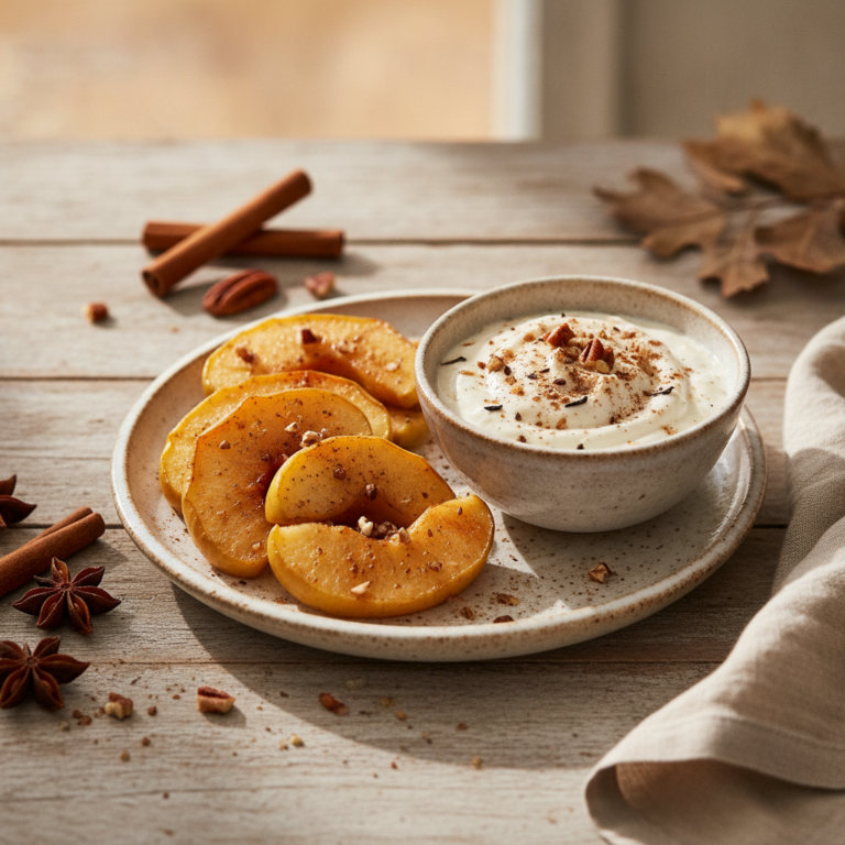 Gebratene Apfelspalten mit Chai-Joghurt-Dip