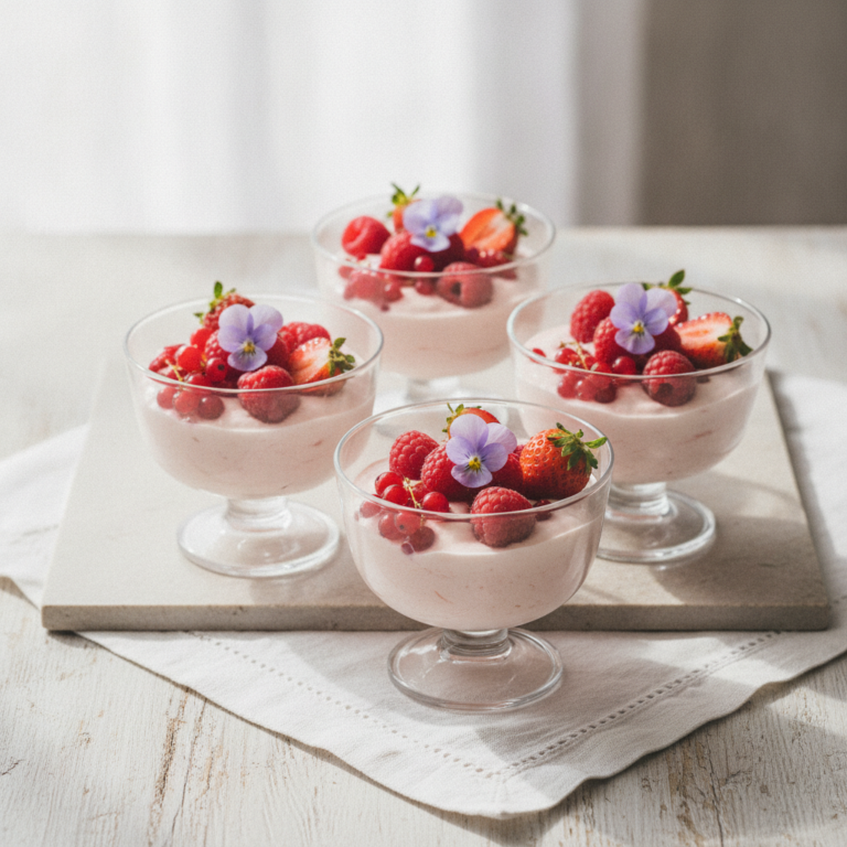 Klatschmohnblüten Joghurt Mousse mit Beeren