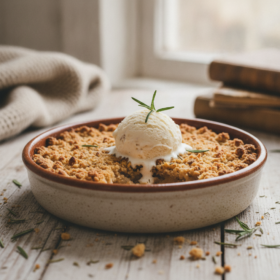 Herbstlicher Birne-Rosmarin Crumble mit Vanilleeis