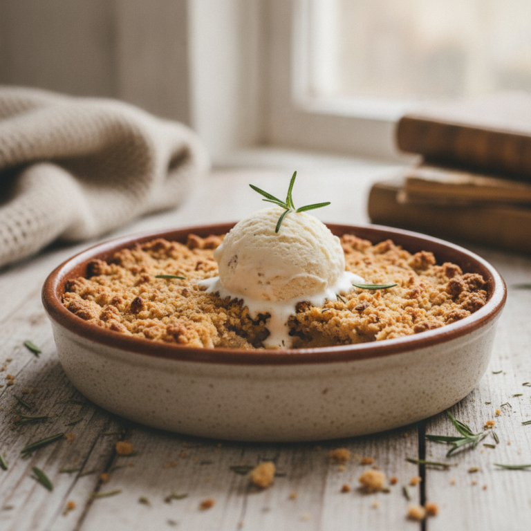 Herbstlicher Birne-Rosmarin Crumble mit Vanilleeis