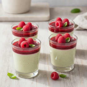 Cremige Basilikum-Panna Cotta mit Himbeerspiegel