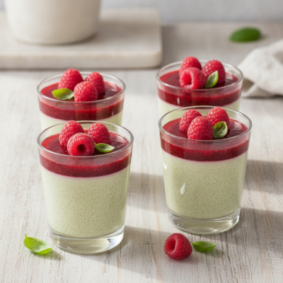 Cremige Basilikum-Panna Cotta mit Himbeerspiegel