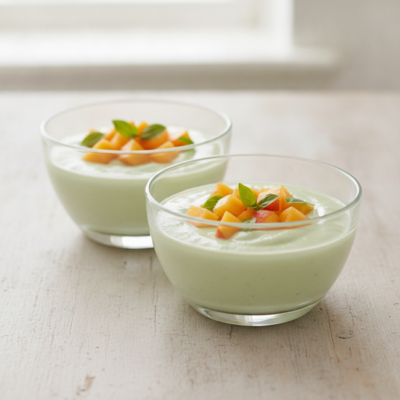 Cremiger Basilikum-Joghurt mit Pfirsichwürfeln