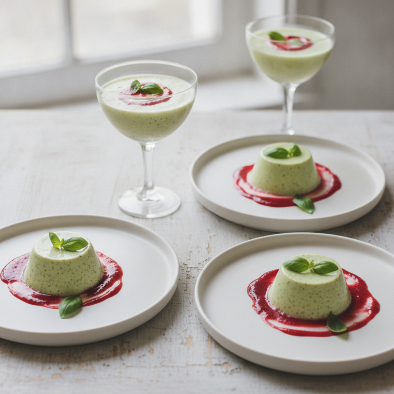 Cremiges Basilikum Panna Cotta mit Himbeer-Coulis