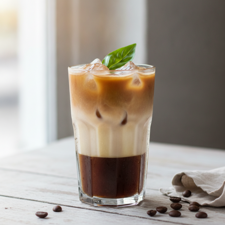 Eiskaffee mit Basilikum-Note