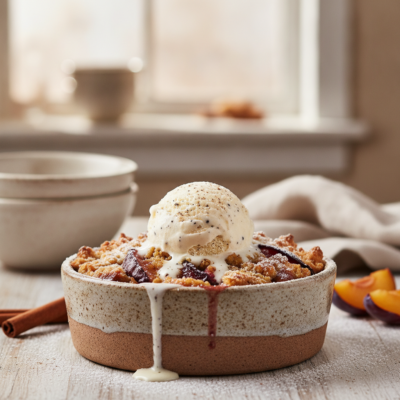 Herzhafter Pflaume-Zimt Crumble mit Vanilleeis