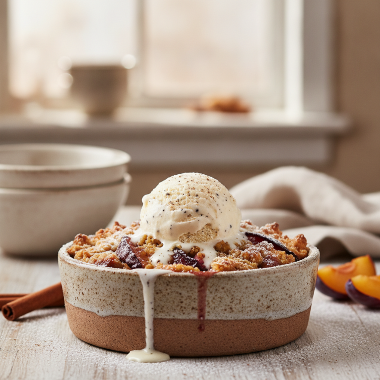 Herzhafter Pflaume-Zimt Crumble mit Vanilleeis