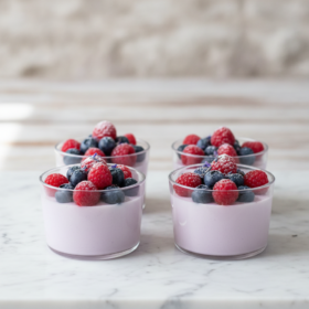 Zarte Lavendelblüten Panna Cotta mit Beeren