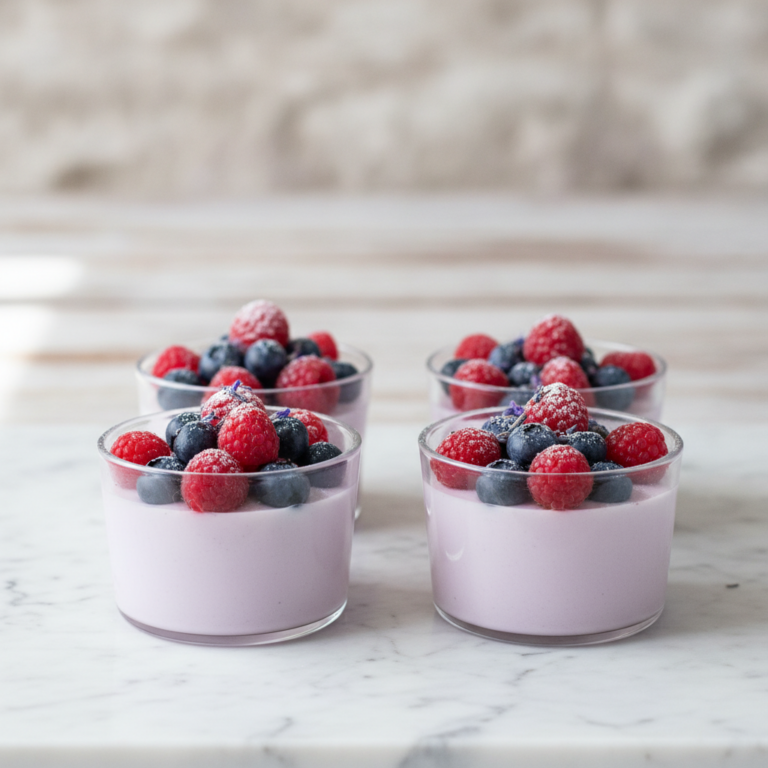 Zarte Lavendelblüten Panna Cotta mit Beeren