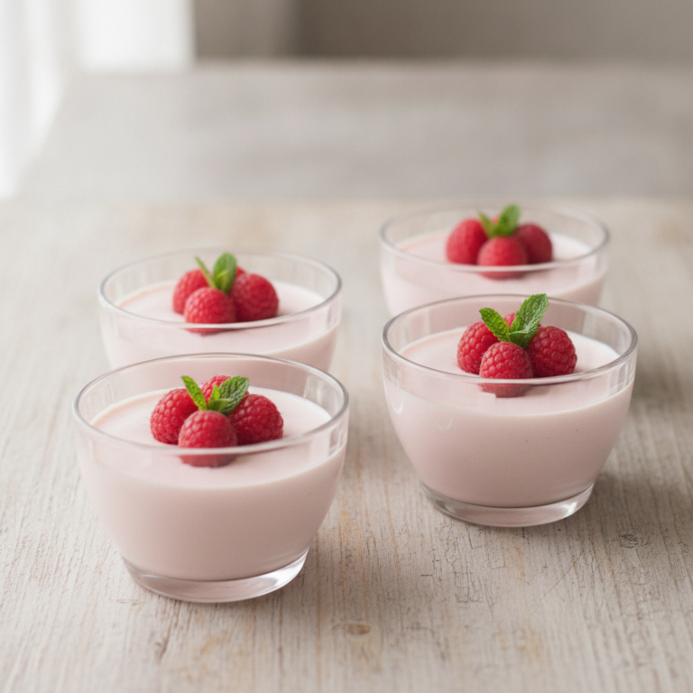 Cremiges Rosenblüten Panna Cotta mit Himbeeren