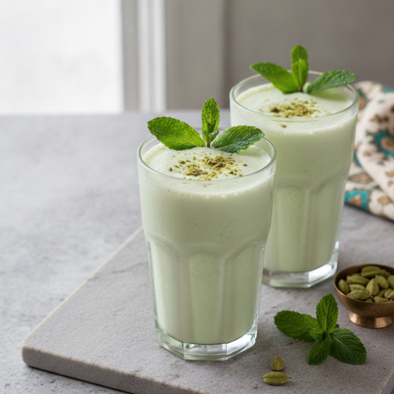 Pfefferminze-Lemongras Lassi mit Kardamom